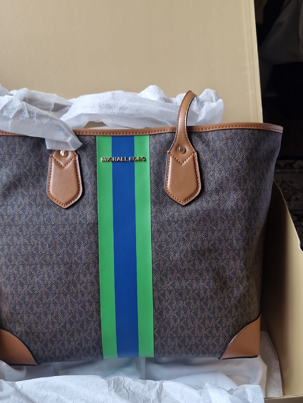 Michael Kors Brown Tote Bag with Green & Blue Stripe